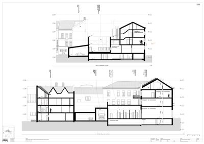 Snittegning som viser tverrsnittet av bygningen, inkludert romfordeling, høyder og konstruksjon.