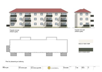 Bildet viser fasadetegninger for en bygning (mot sør og vest) samt et planutsnitt for balkongplassering.