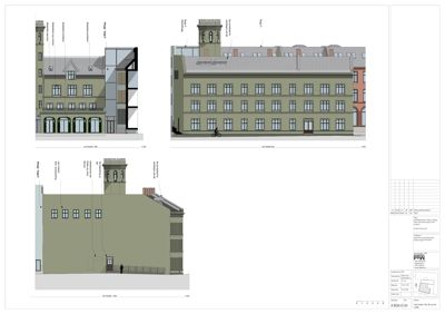 Bildet viser fasadetegninger av en bygning sett fra flere vinkler (sør, vest, nord).