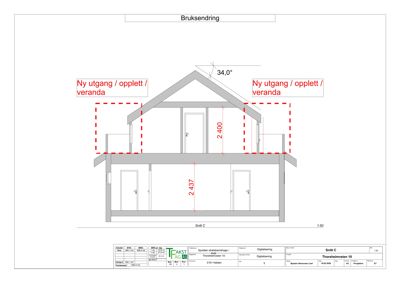 Snittegning (Snitt C) som viser tverrsnittet av en bygning med høydeangivelser og plan for en bruksendring.