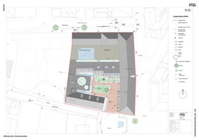 Situasjonsplan som viser bygningens plassering på tomten, omgivende vegger, terrengforhold og beplantning.
