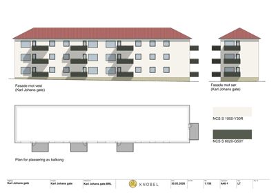 Fasadetegninger som viser oppriss av bygningens ytre utseende (vest- og sørfasade) samt en plan for plassering av balkonger.