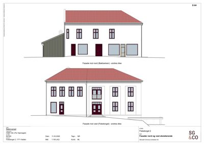 Fasadetegning som viser bygningens utseende fra nord og vest med angivelse av eksisterende fasader.