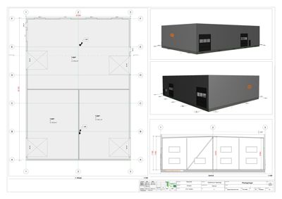 Bildet viser en kombinasjon av et etasjeplan (1. Etasje) med romfordeling og en fasadetekning (Sørb B).