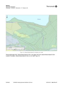 Et kart som viser et aktuelt område (aksjonsområde) for kvikkleire og flom, med topografi, vannveier og vegnett.