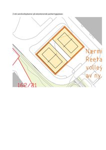 Situasjonsplan som viser plassering av to nye sandvolleybaner i forhold til eksisterende parkeringsplass og nabolag.