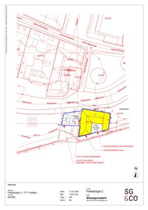 Situasjonskart som viser bygningens plassering i forhold til gater, nabotomter og andre tomtegrenser.