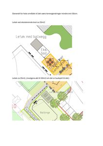 Situasjonsplan som viser plassering av en ny letak i forhold til eksisterende bygninger (bodd, sandkasse) og andre tomteelementer (ballbinge, trapp).