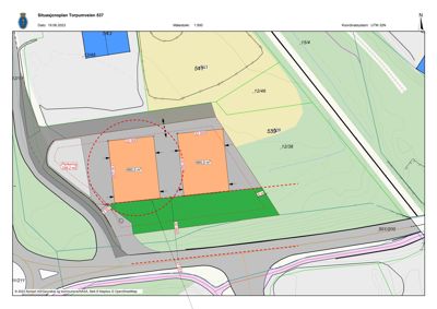 Situasjonsplan for Torpurnveien 537 som viser tomtens beliggenhet, naboeiendommer, veier og planlagt byggefelt.