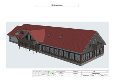 3D-visualisering av en bygning med rødt tak og store vinduer, vist fra et vinklet utsnitt.