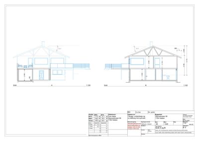 Snittegning (Snitt A og B) som viser tverrsnittet av en bygning med mål og romfordeling.