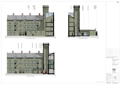 Bildet viser fasadetegninger av en bygning, inkludert både eksisterende og planlagt tilstand.