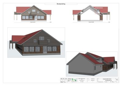 Bildet viser 3D-visualiseringer (renderinger) av en bygning, inkludert fasadevisninger og et perspektivbilde.