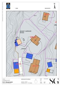 Situasjonsplan som viser eksisterende og planlagt bebyggelse, høydemålerlinjer (konturlinjer), eiendelsgrenser og topografi.