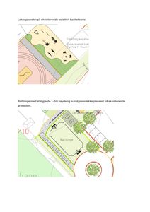 Situasjonsplan som viser plassering av lekeapparater og en ballbåge på en eksisterende skoleplass med asfaltert bane og gressplen.