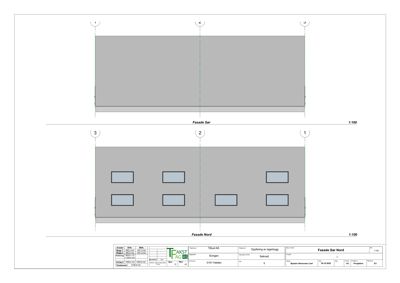 Fasadetegning som viser bygningens utseende sett fra Nord og Sør, med vinduer og mål.