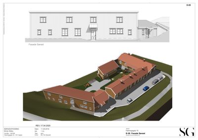 Bildet viser en 3D-visualisering (rendering) av en bygning sett fra et vinklet utsyn, med en mindre fasadetegning øverst.