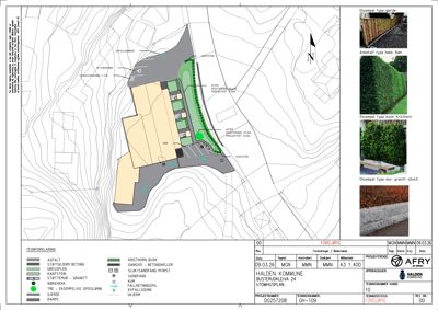 Situasjonsplan som viser tomtens form, terrengforhold (konturlinjer), bygningens plassering og omgivelsene.