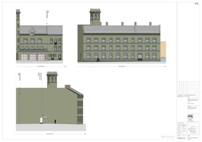 Bildet viser fasadetegninger av en bygning sett fra tre ulike vinkler (for, side og bak).
