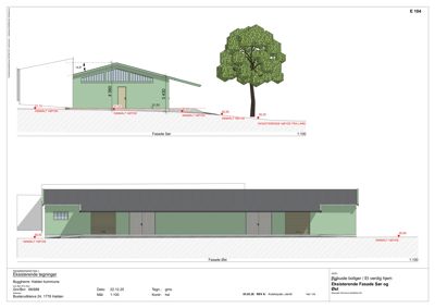Fasadetegning som viser eksisterende fasader (Sør og Øst) med mål, høyder og terrengforhold.