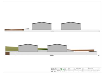 Fasadetegning som viser bygningens utseende sett fra to ulike vinkler (Sør og Nord).