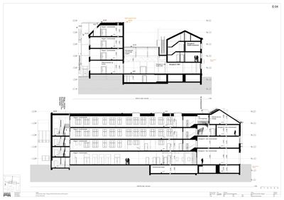 Snittegning som viser bygningens indre oppbygning, romfordeling og høyder.