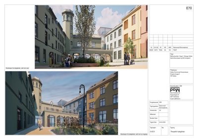 3D-visualisering av en boligkjede med en sentral hageplass og beplantning.