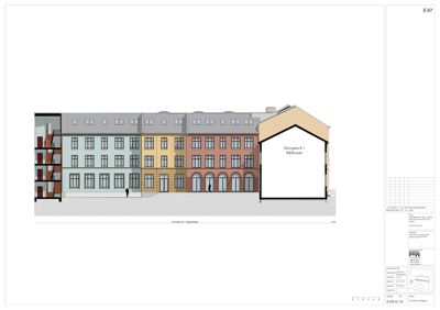 Fasadetegning som viser bygningens utseende fra fronten, inkludert farger, vinduer og arkitektoniske detaljer.
