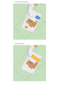 Bildet viser to situasjonsplaner (Nåværende og Ny) som illustrerer en byggeprosess med plassering av tomtegrenser, eksisterende bygg og planlagt nybygging.