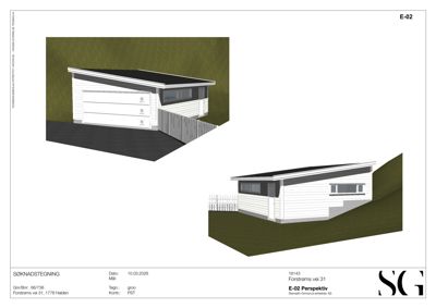 3D-perspektivtegning (rendering) av en planlagt bygning sett fra to ulike vinkler.