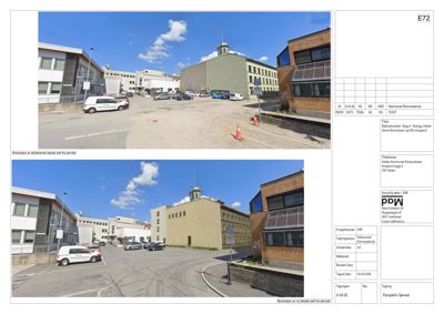 Fotografier av eksisterende bygninger og omgivelser, inkludert bildebeskrivelse 'Illustrasjon av eksisterende fasade sett fra sørvest'.