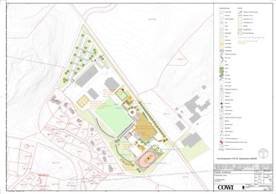 Situasjonsplan som viser tomtens beliggenhet, terrengforhold (konturlinjer), eksisterende og planlagt bebyggelse, vegnett, vegetasjon og andre arealbruk.