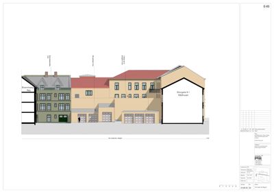 Fasadetegning som viser fronten av en bygning med adresse Storgate 9 / Rådhuset, inkludert vinduer, dører og takform.
