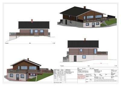 Fasadetegning som viser bygningens utseende fra flere vinkler (vest og øst) med mål og tegningsnummer.