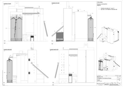 Fasadetegning som viser bygningens utseende fra fire ulike vinkler (NØ, SYD, VEST, NORD).