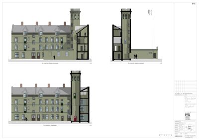 Fasadetegning som viser bygningens utseende fra tre ulike vinkler (front, side og bakside).