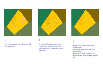 Situasjonsplan som viser tre ulike alternativer for utforming av tomt, inkludert plassering av bygninger og terrengform.