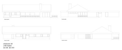 Fasadetegning som viser bygningens utseende fra fire ulike vinkler (sør, øst, vest og nord).