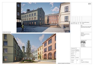 3D-visualisering (rendering) av et byggeprosjekt, vist fra to ulike perspektiver.