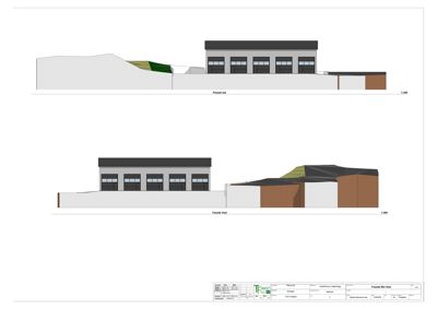 Bildet viser fasadetekninger for en bygning, merket 'Fasade øst' og 'Fasade Vest', som viser utsiden av bygningen sett fra ulike vinkler.