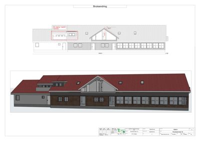 Bildet viser en fasadetegning med en 3D-visualisering av en bygning sett fra siden, inkludert en tegning over en bruksendring.
