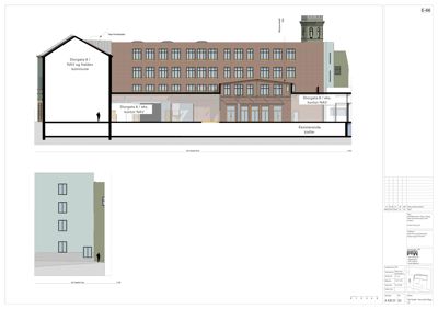 Fasadetegning som viser bygningens utseende sett fra Storgata 8, inkludert eksisterende kjeller og nye innganger.