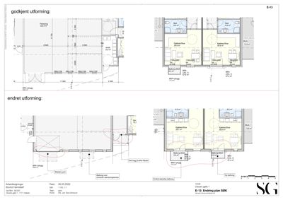 Etasjeplan (SØK) som viser romfordeling og dimensjoner for en bolig, med to varianter: 'godkjent utforming' og 'endret utforming'.