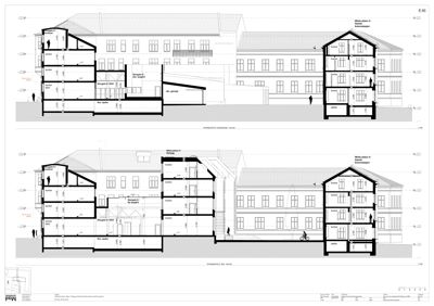 Snittegning som viser tverrsnittet av bygningen, inkludert romfordeling, høyder og konstruksjonsdetaljer.