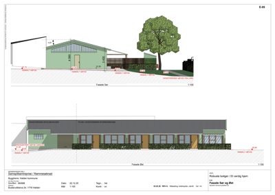 Fasadetegning som viser bygningens utseende sett fra sør og øst med høydemål og innmålte høyder.