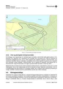 Et kart som viser et planområde med områder for naturtyper og viktige arter, inkludert en stikkplassering og en skala.