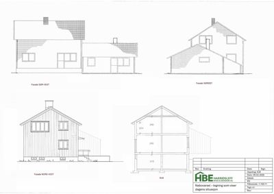 Bildet viser fasadetegninger for en bygning, inkludert utsnitt fra flere sider (Sør-Vest, Sør-Øst, Nord-Vest) og et snitt.