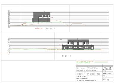 Snittegning (SNITT E og SNITT F) som viser bygningens tverrsnitt, høyder i forhold til terreng og fasadeoppsett.