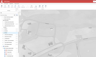 Kart fra NVE Atlas som viser etasjeforhold og grunnvannsnivåer i et område.