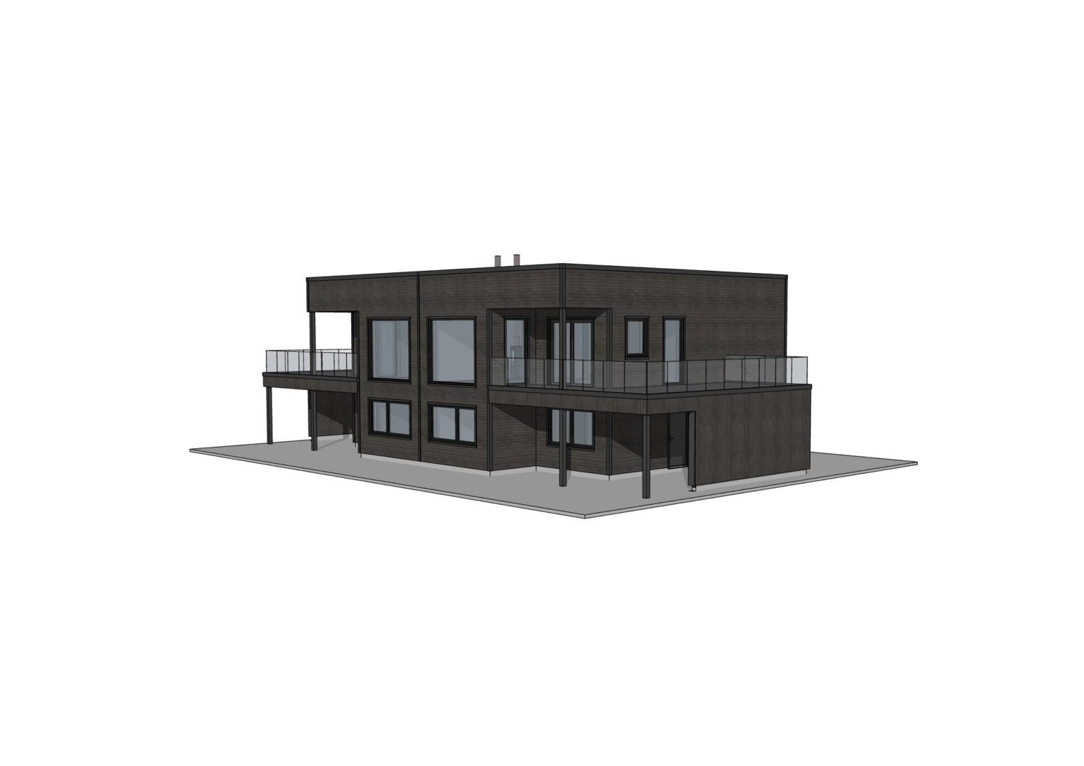 3D-visualisering av en moderne, fleretasjers bolig eller næringsbygg med balkonger og store vinduer.